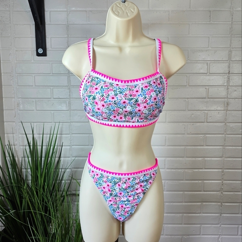 Amazon Pink Floral Embroidered Bikini Set Size Medium